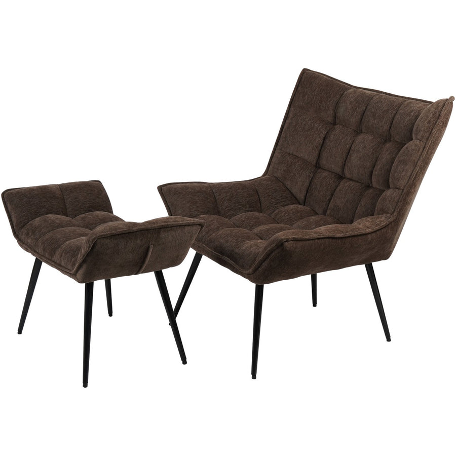 Two brown upholstered chairs with black legs on a white background