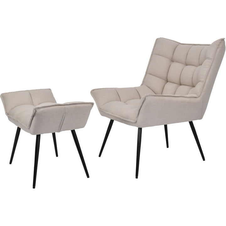 Two beige armchairs with black legs on a white background