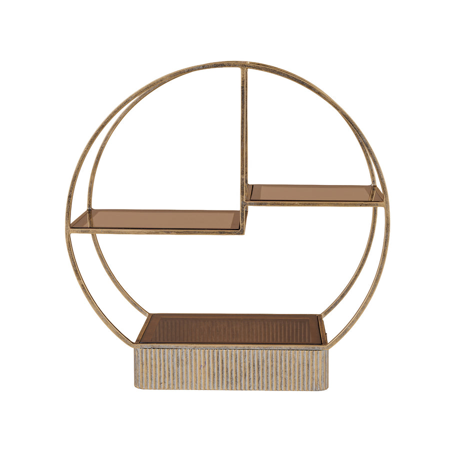 Decorative wall shelf with circular metal frame and woven base on a white background