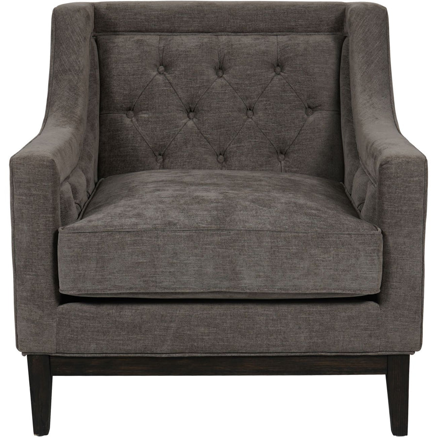 Gray upholstered armchair with tufted backrest on a white background