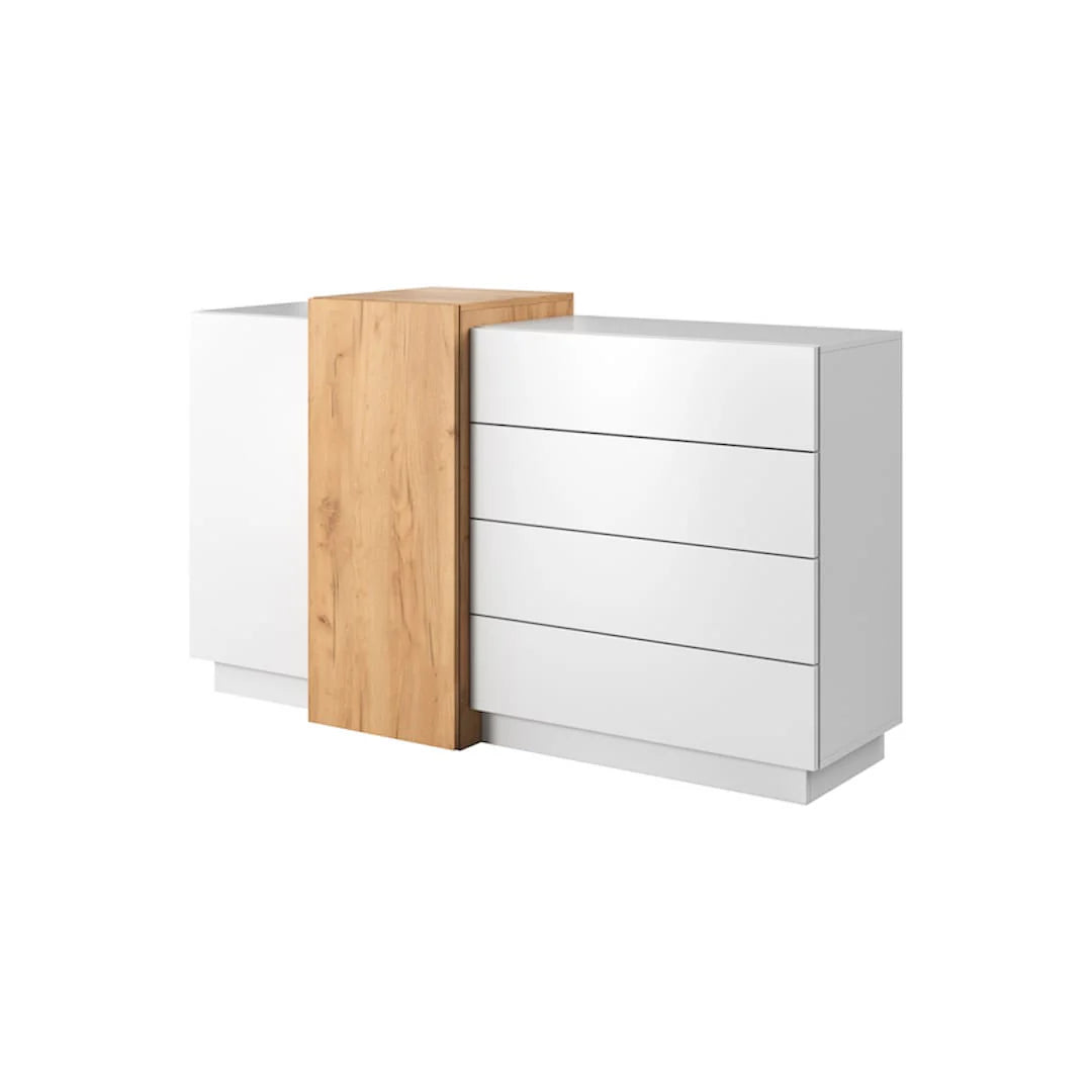 Stockholm Contemporary Sideboard Cabinet 2 Doors 3 Shelves 4 Drawers White & Oak Gold Craft Effect