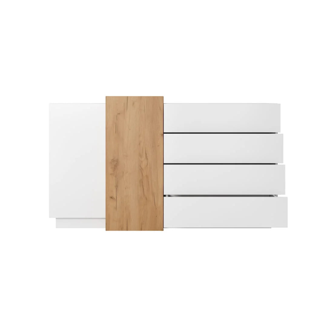 Stockholm Contemporary Sideboard Cabinet 2 Doors 3 Shelves 4 Drawers White & Oak Gold Craft Effect