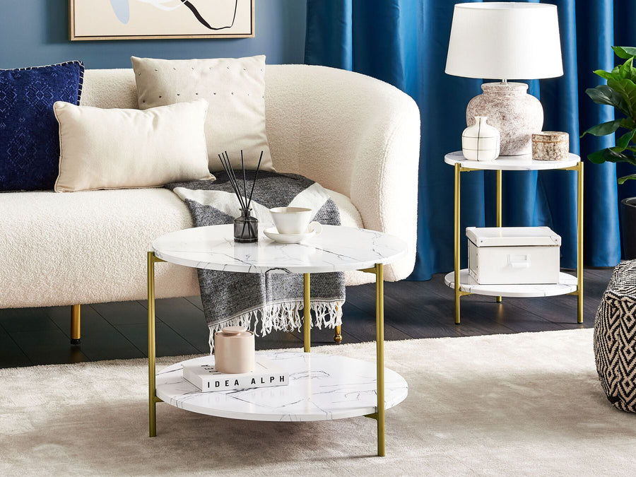 Marble Effect Coffee Table with Shelf White and Gold REVA