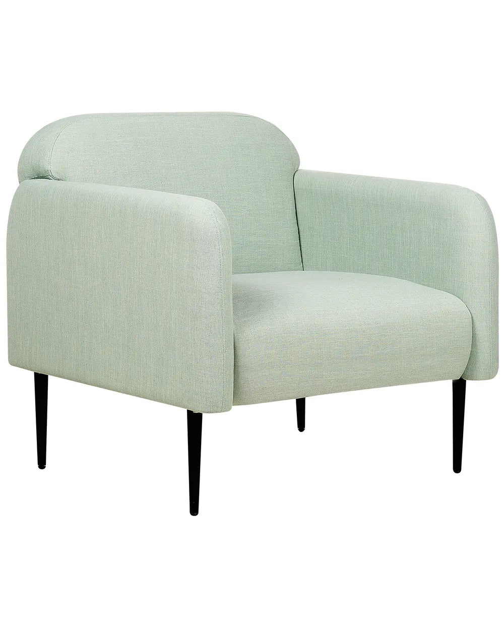 Light green armchair with black legs on a white background