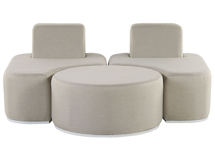 Beige modular sofa set with two chairs and a round ottoman on a white background