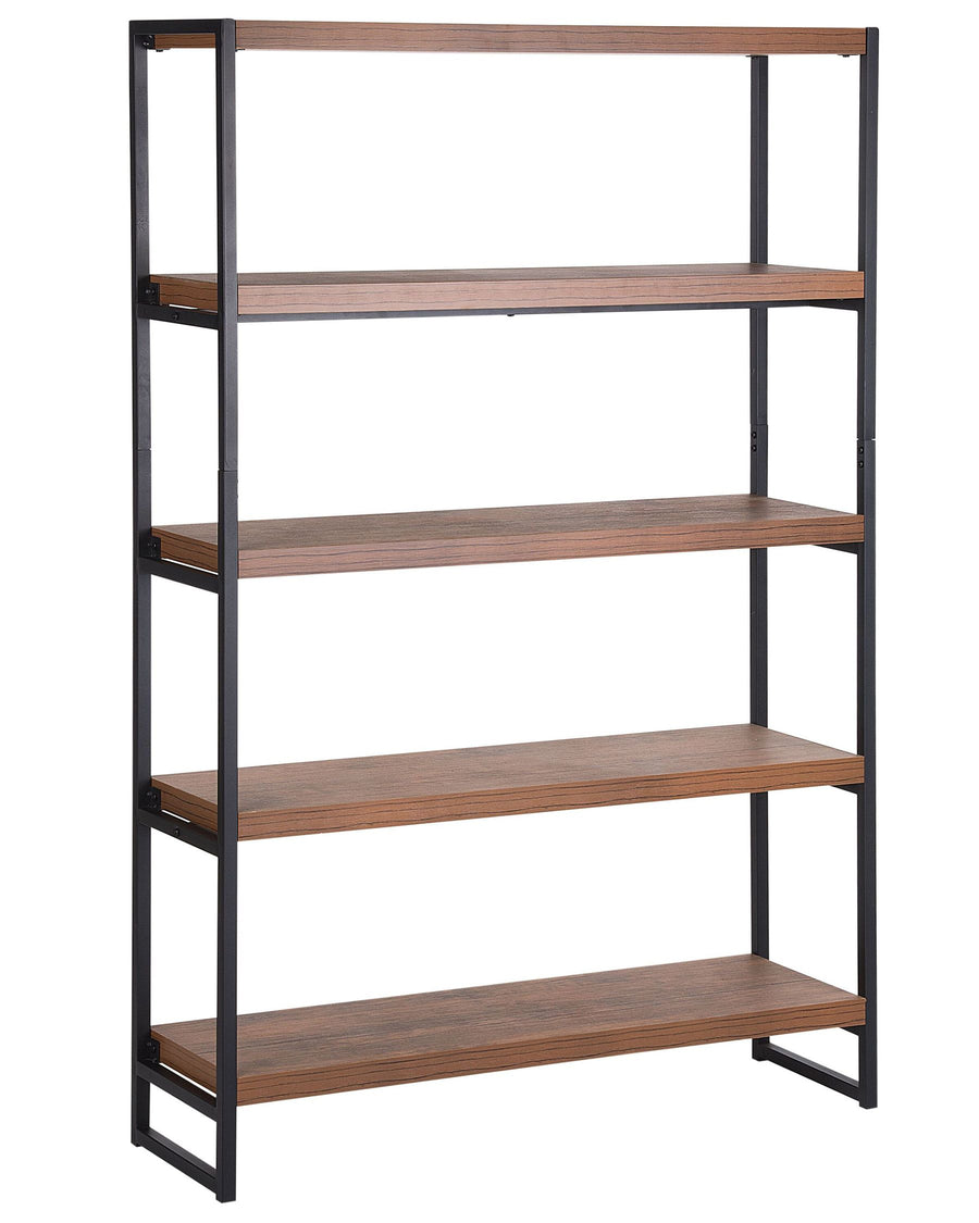 Bookshelf with wooden shelves and black metal frame on a white background