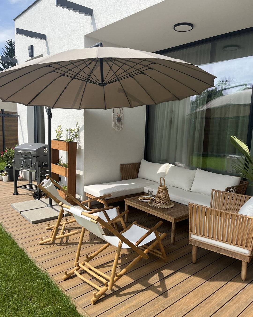 Cremona Garden Lounge Set with Table 4 Seate Right Hand Acacia Wood Off-White