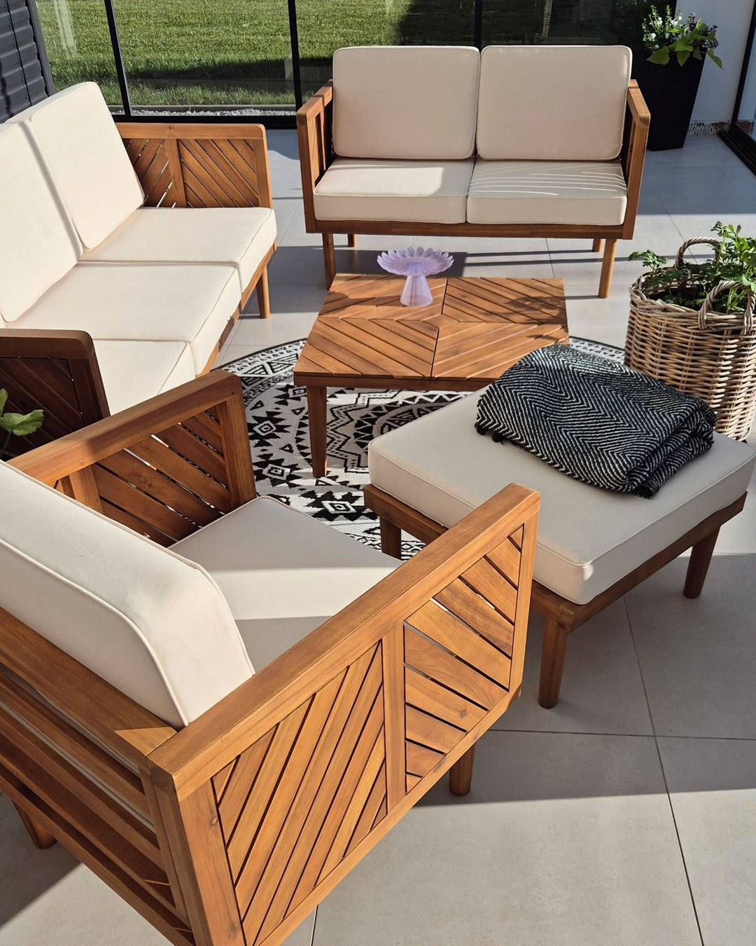 Baratti Garden Lounge Set with Table and Ottoman 6 Seater Acacia Wood Brown