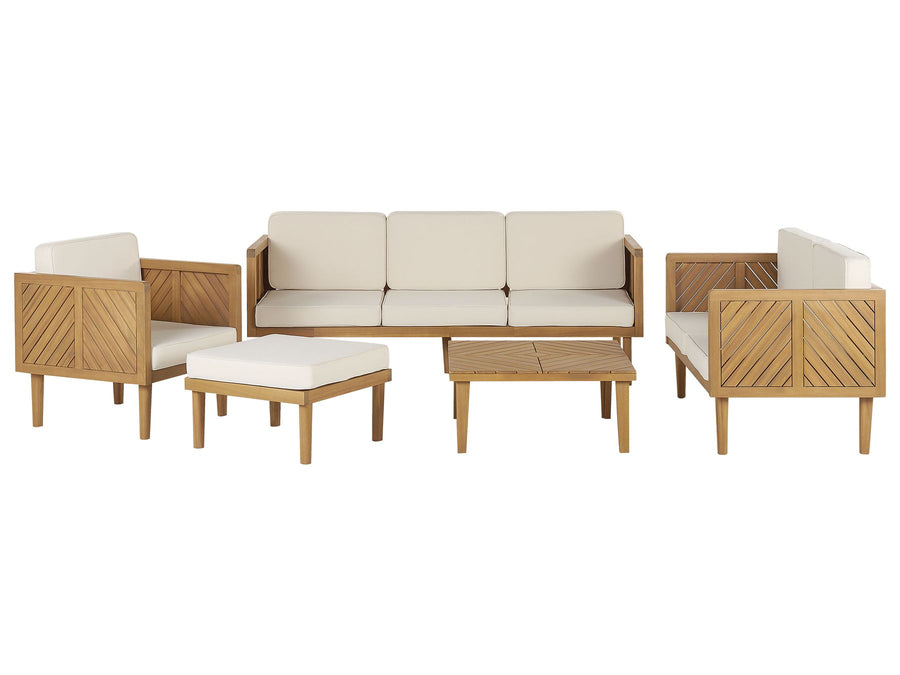 Outdoor furniture set with wooden frames and white cushions on a white background