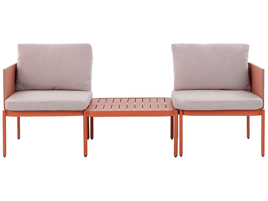 Outdoor furniture set with two cushioned chairs and a small table on a white background