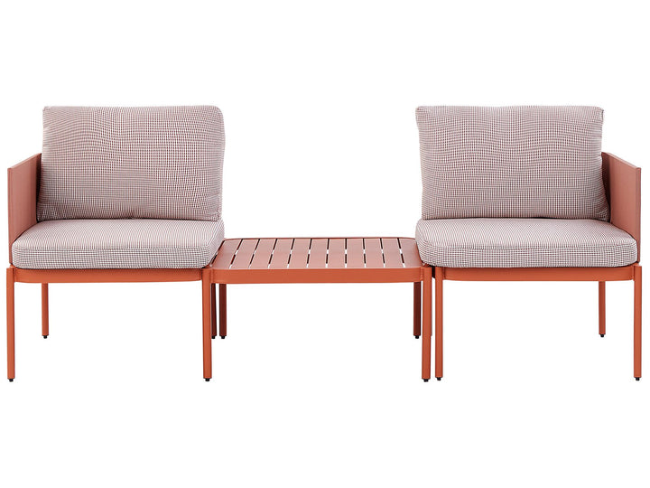 Outdoor furniture set with two cushioned chairs and a small table on a white background