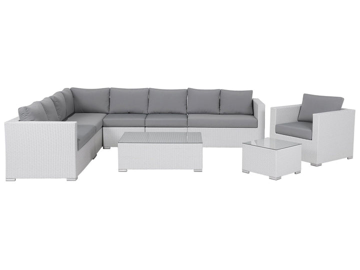Outdoor furniture set with a sectional sofa and chairs on a white background