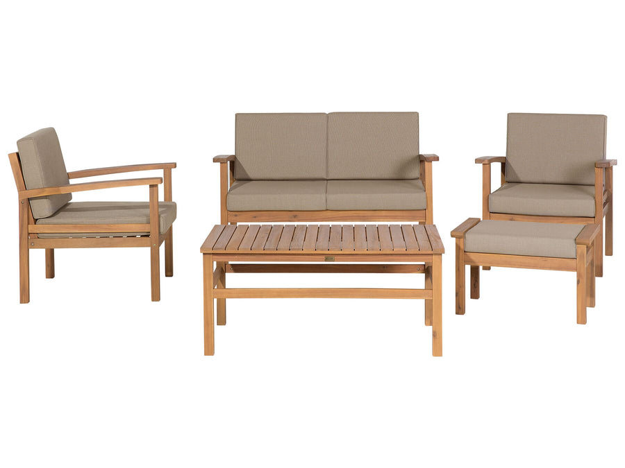 Outdoor furniture set with wooden frames and beige cushions on a white background