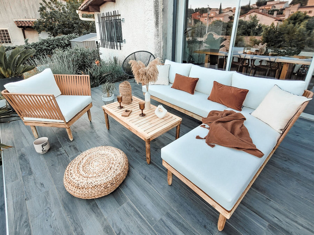 Cremona Garden Lounge Set with Table 4 Seate Right Hand Acacia Wood Off-White