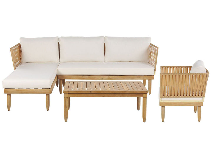 Outdoor furniture set with a sectional sofa, coffee table, and armchair on a white background