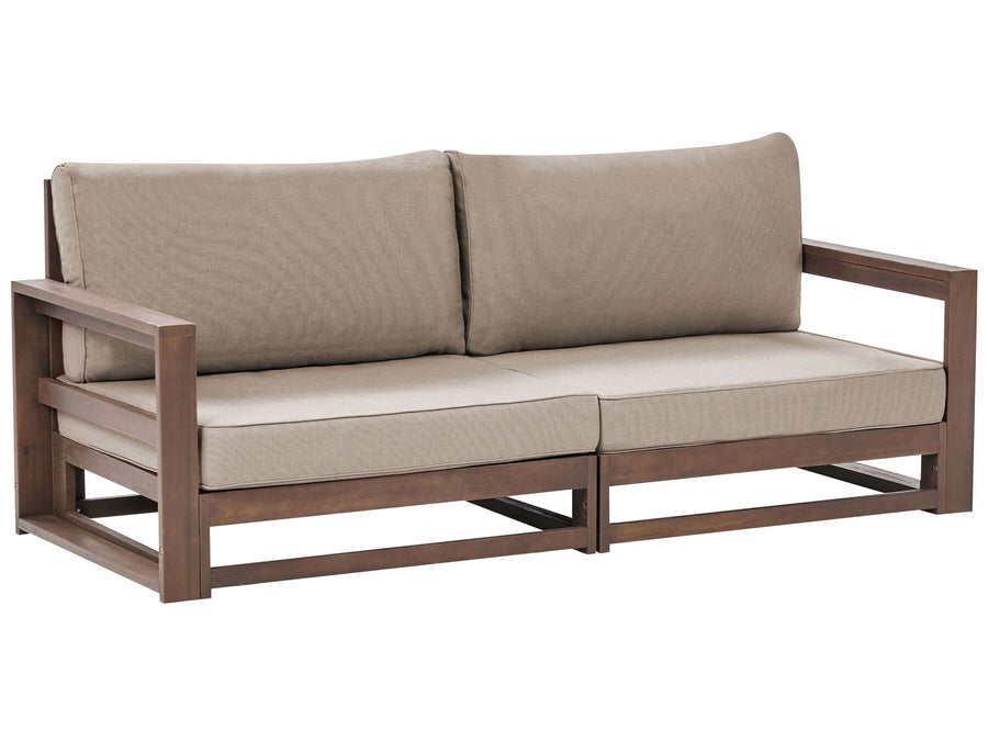 Beige outdoor sofa with wooden frame on a white background