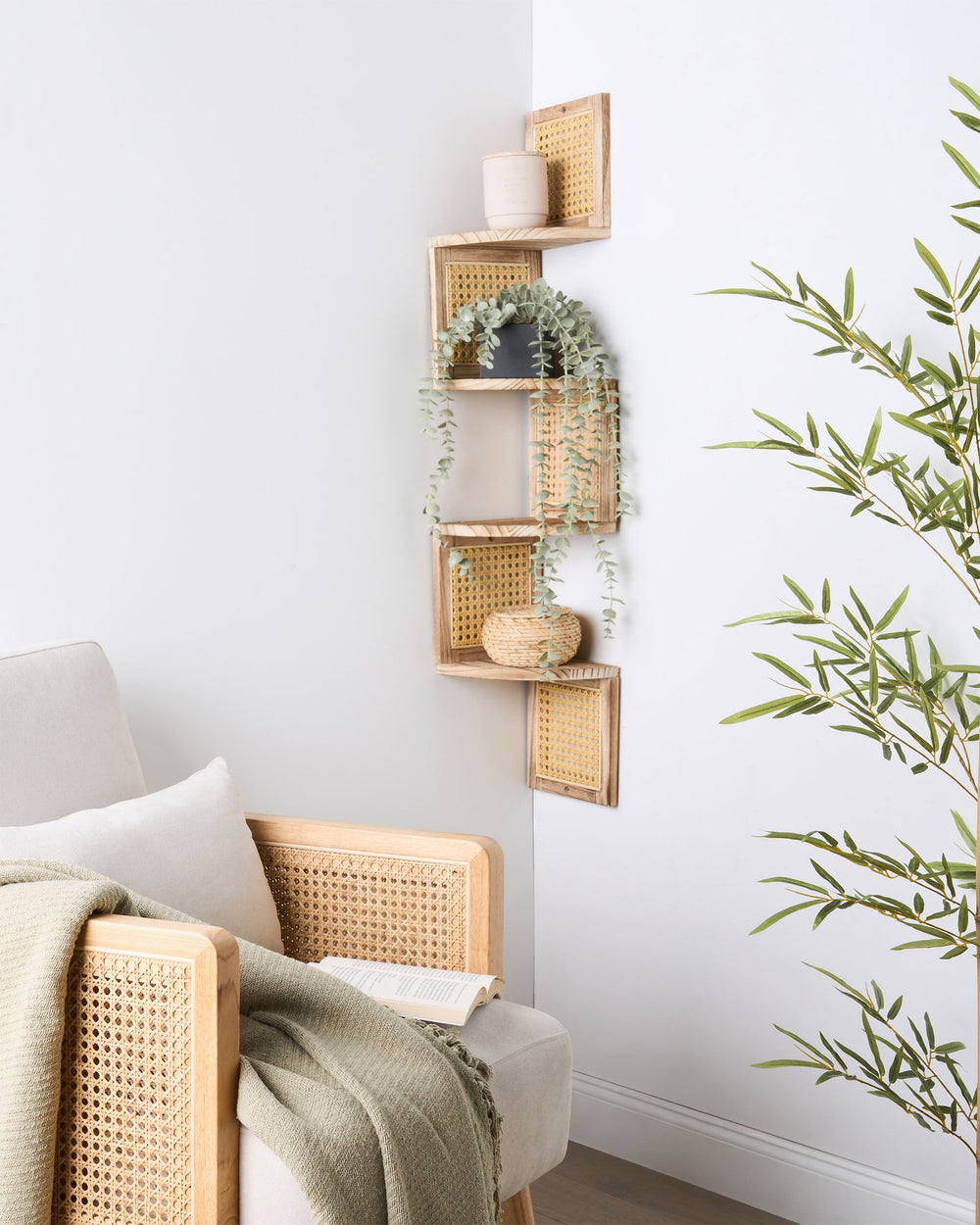 Woven wall shelves with plants in a living room setting