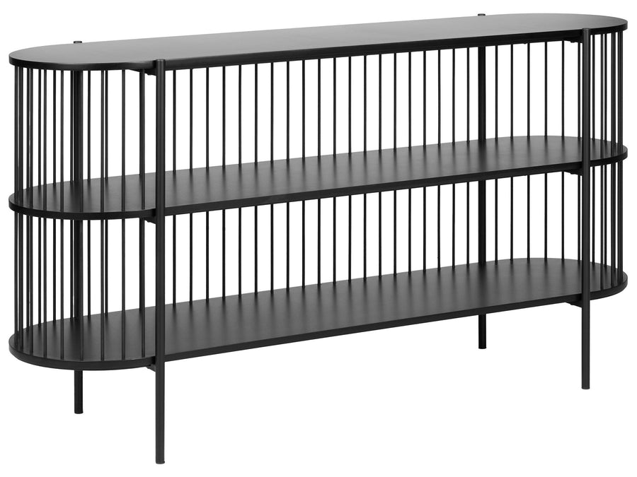 Black metal shelving unit with two shelves on a white background