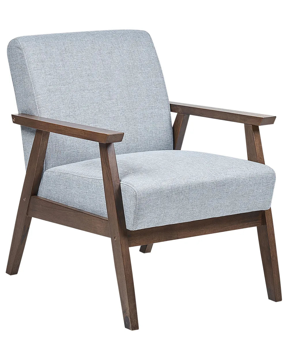 Gray upholstered armchair with wooden frame on a white background