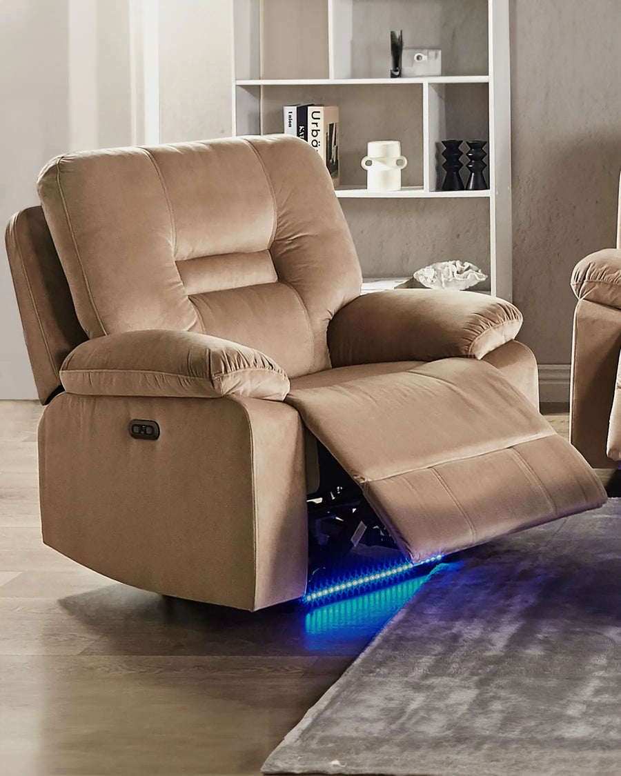 Beige recliner chair with LED lighting in a living room setting