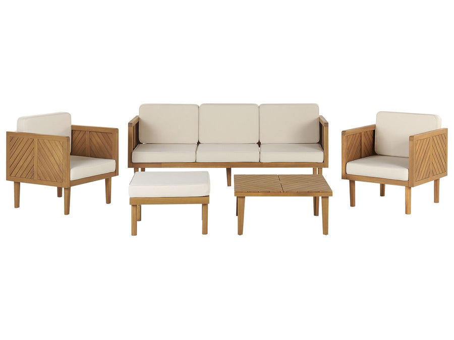 Outdoor furniture set with wooden frames and beige cushions on a white background