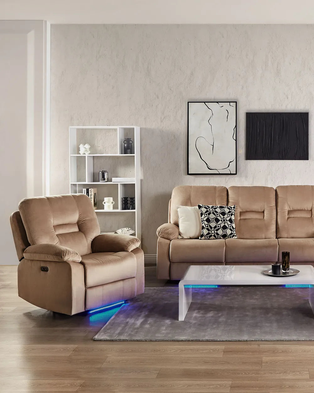 Electric Recliner Chair With Footrest LED Velvet Sand Beige Bernet