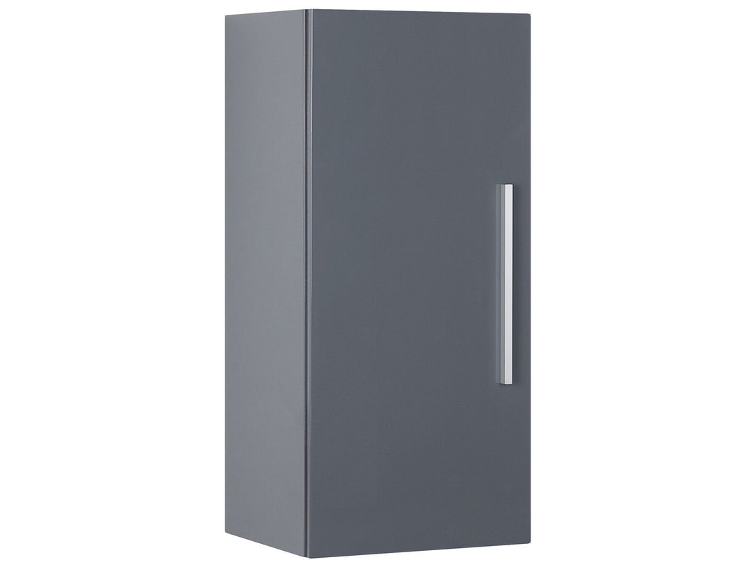 Gray cabinet with a silver handle on a white background