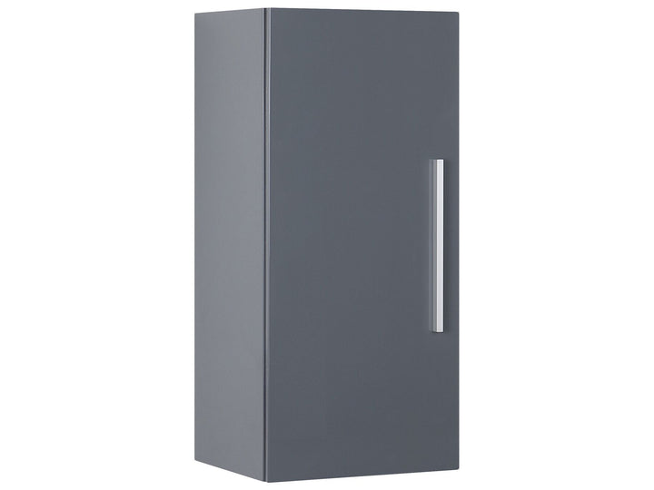 Gray cabinet with a silver handle on a white background