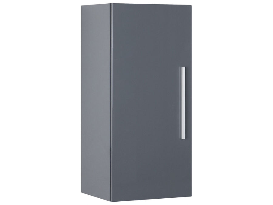 Gray cabinet with a silver handle on a white background