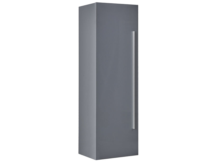 Gray tall cabinet with a handle on a white background