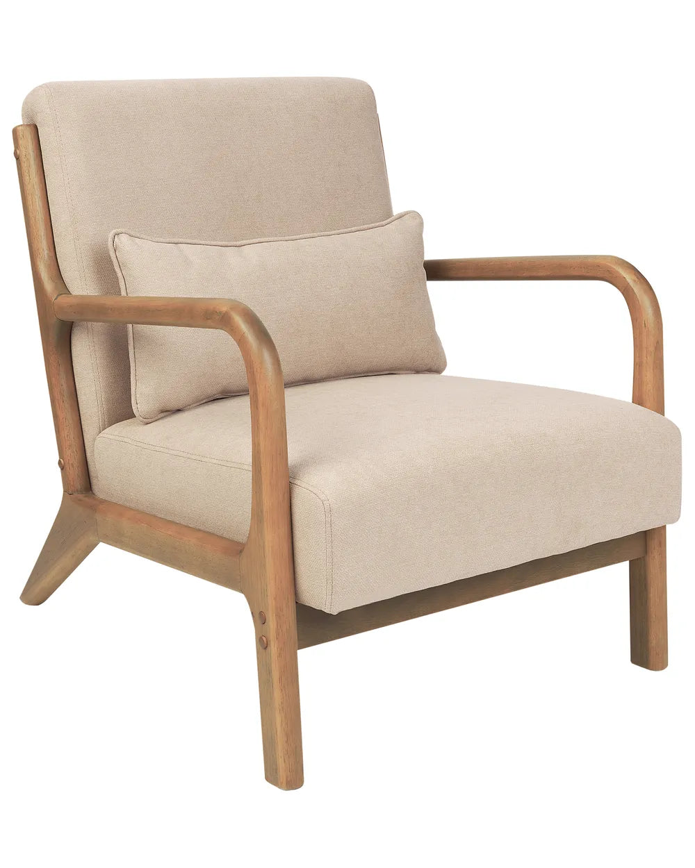 Beige armchair with wooden frame on a white background