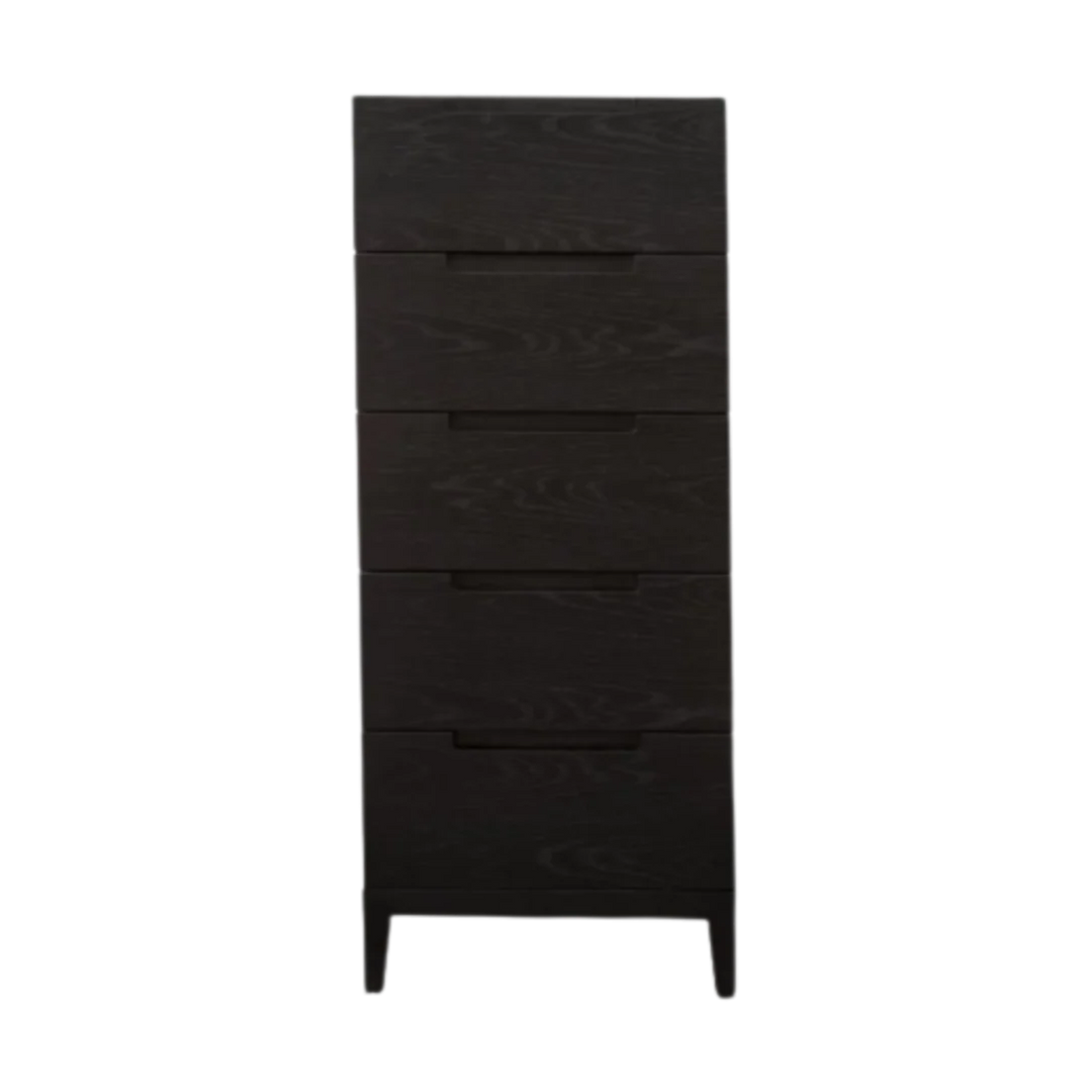 Black dresser with multiple drawers on a white background