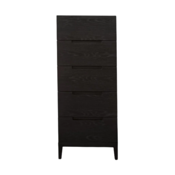 Black dresser with multiple drawers on a white background