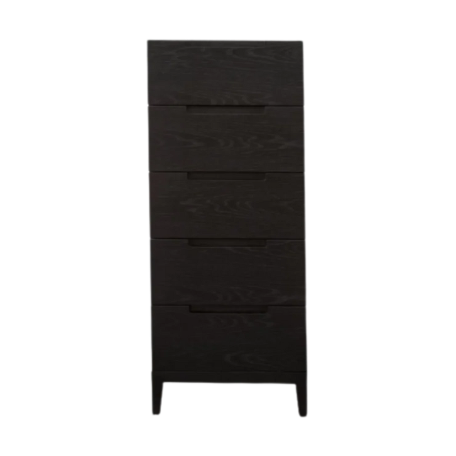 Black dresser with multiple drawers on a white background