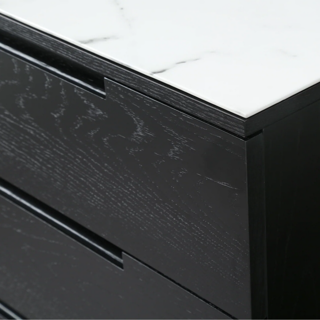 Orchid Black Oak Wood & White Marble Chest of Drawers