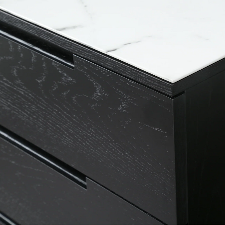 Orchid Black Oak Wood & White Marble Chest of Drawers