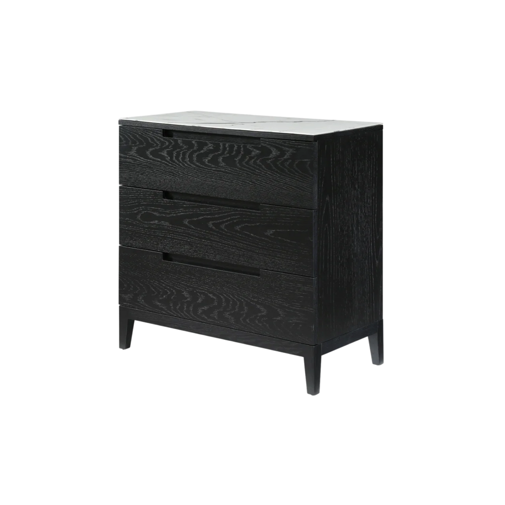 Black dresser with three drawers on a white background