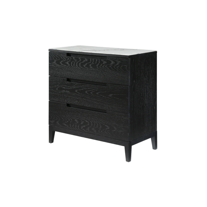 Black dresser with three drawers on a white background