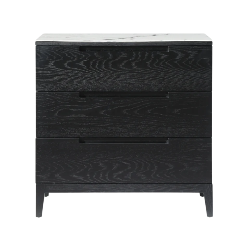 Black wooden dresser with marble top on a white background