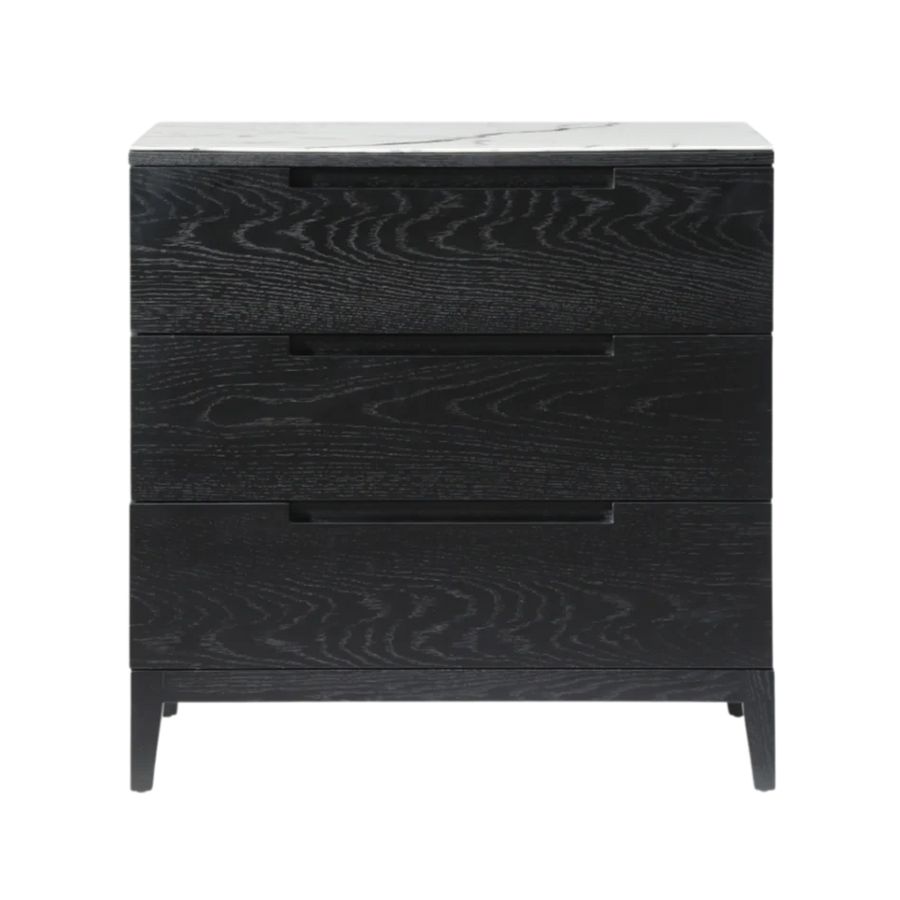 Black wooden dresser with marble top on a white background