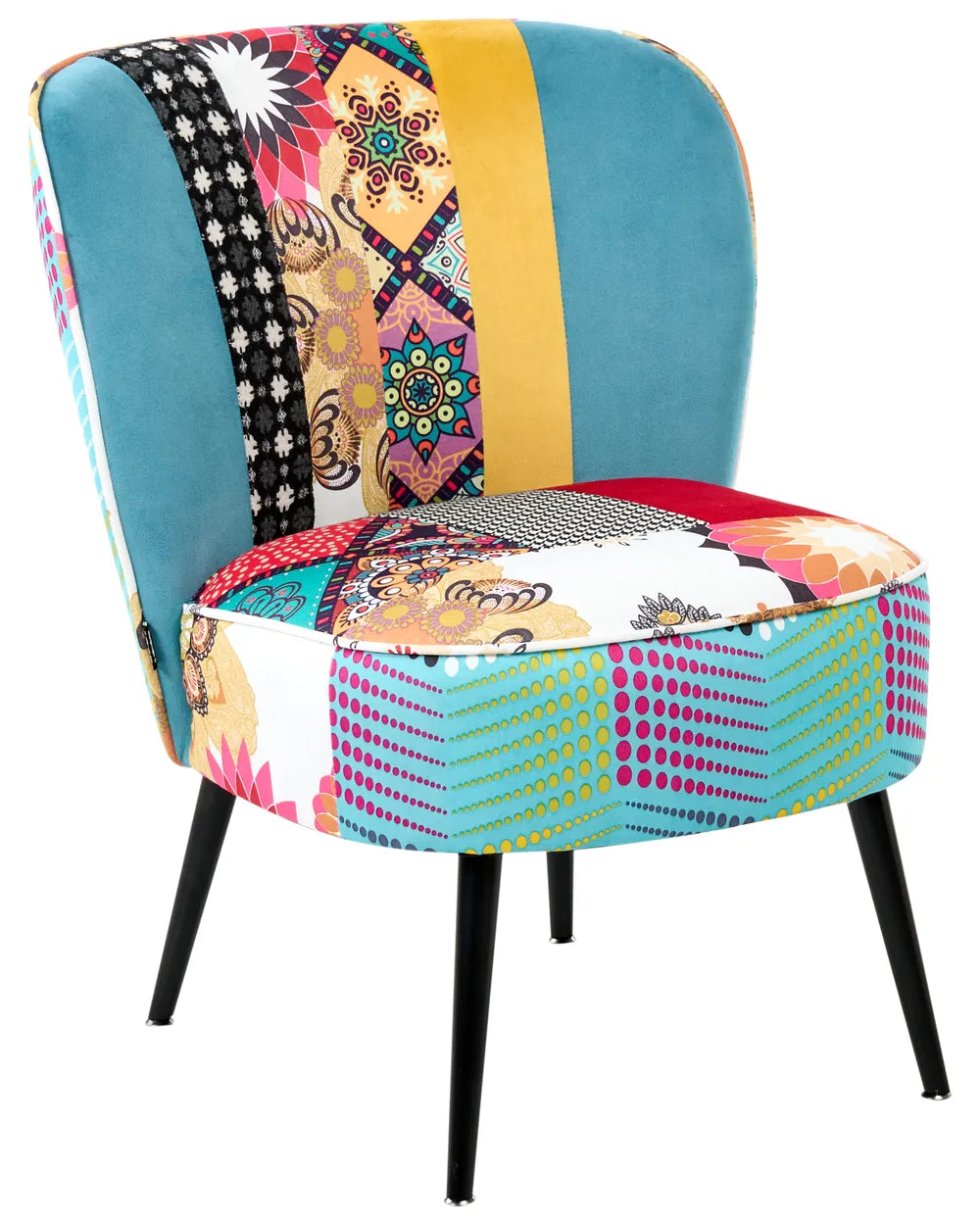 Colorful patchwork chair with a vibrant pattern on a white background