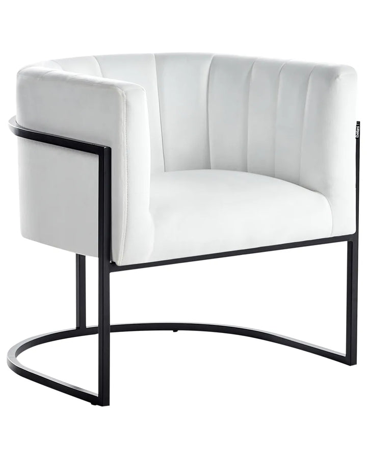 White armchair with black metal frame on a white background