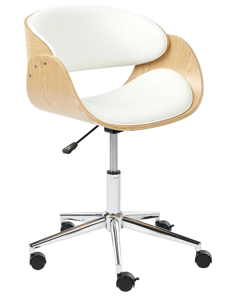 Modern office chair with white cushioned seat and backrest on a white background