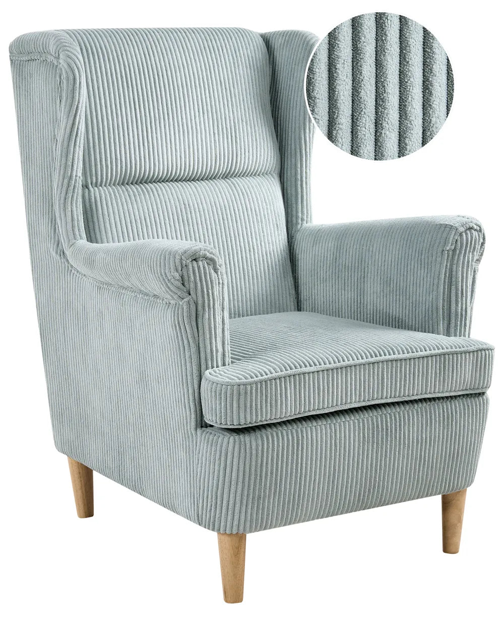 Blue striped armchair with a close-up of the fabric texture on a white background