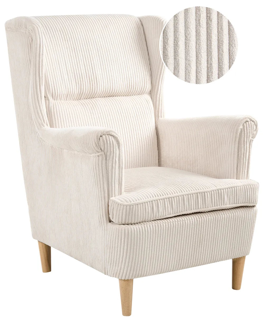 Beige wingback chair with close-up of fabric texture on a white background