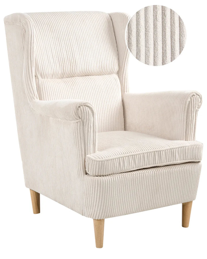 Beige wingback chair with close-up of fabric texture on a white background