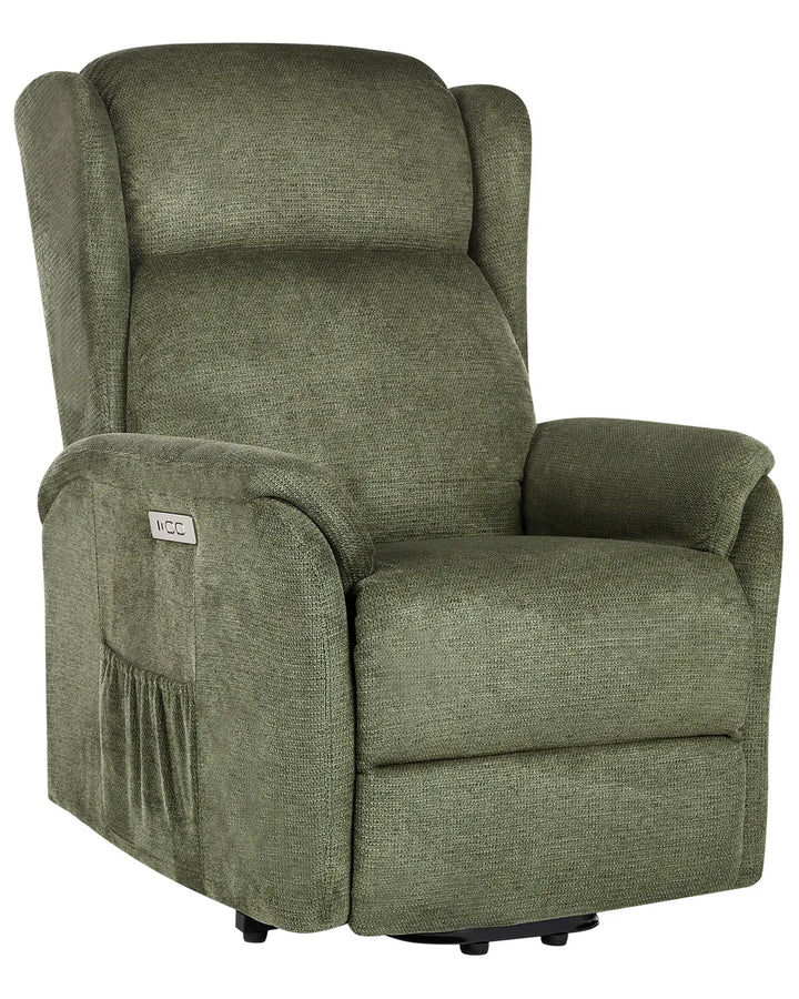 Upholstered in soft green fabric.