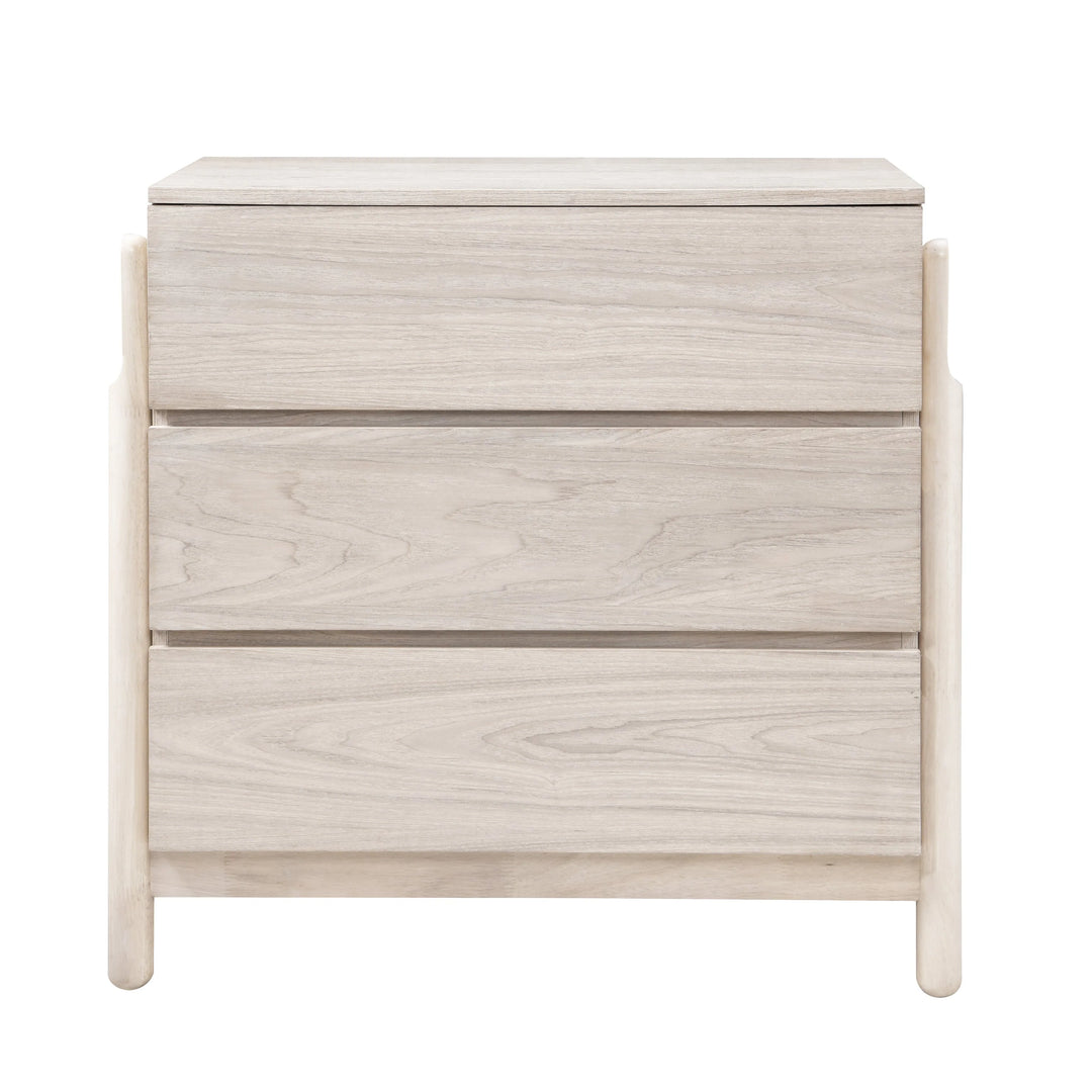 Wooden dresser with three drawers on a white background