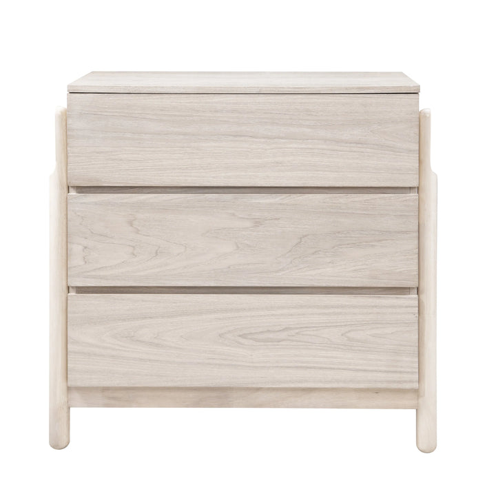 Wooden dresser with three drawers on a white background