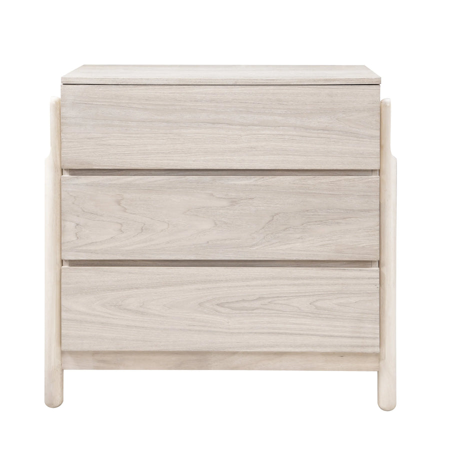 Wooden dresser with three drawers on a white background